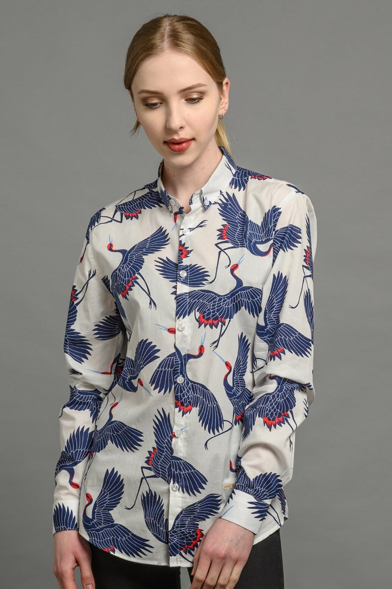 womens crane print slim fit shirt white