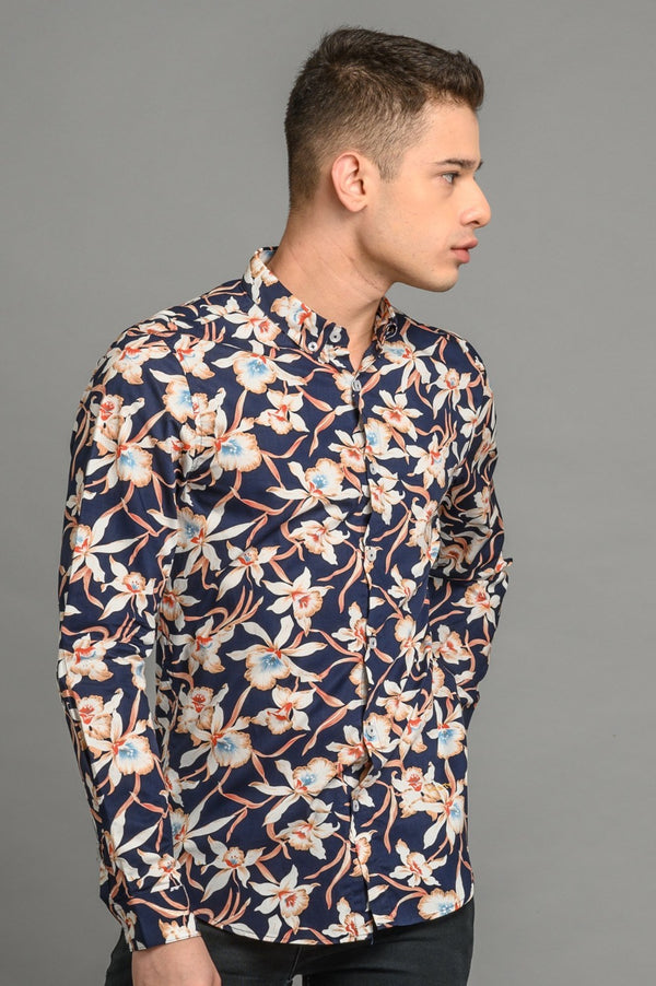 mens Navy floral print slim fit shirt