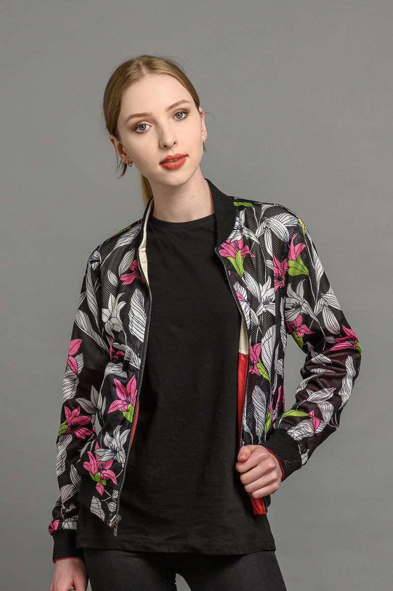 reversible statement floral bomber jacket for women